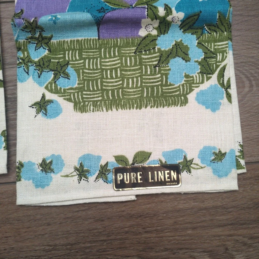 Vtg Pure Linen Fruit Basket Tea Towels Set 2 Blue Purple Strawberries Pineapple